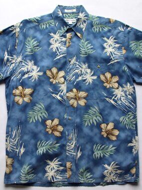 PIERRE CARDIN Postman Blue Hibiscus SS Hawaiian Beach Shirt Size M 100% Cotton